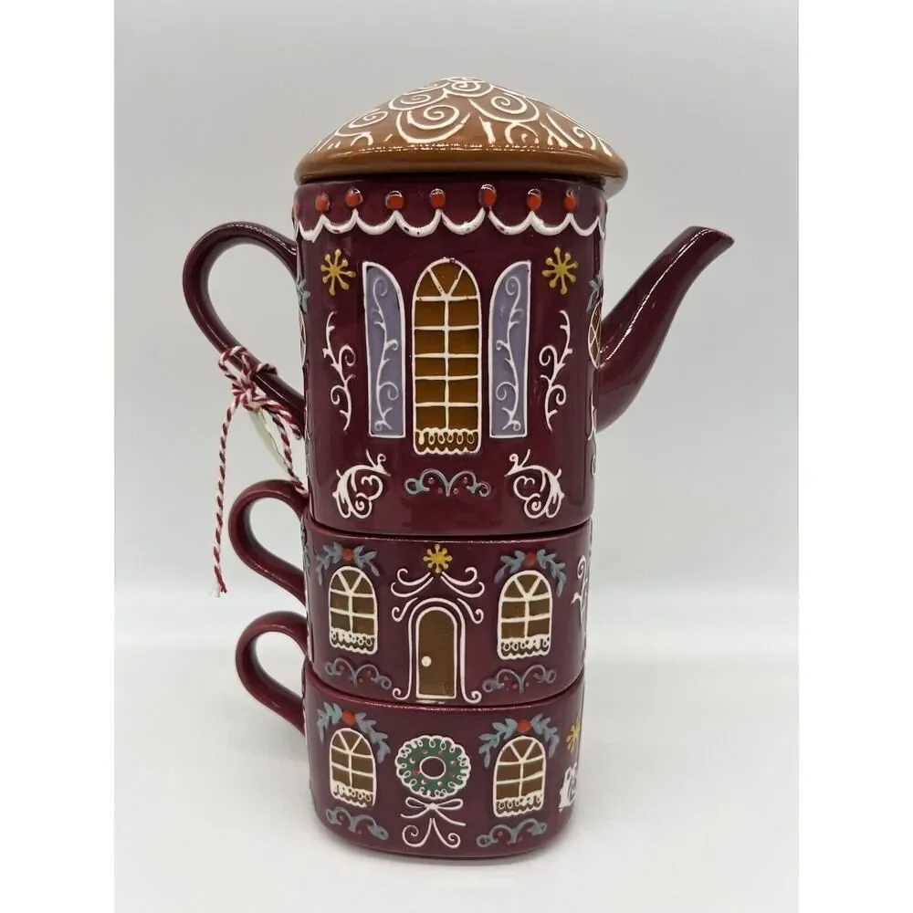 Anthropologie Ginger Ceramic Stoneware Teapot , Creamer and Sugar Bowl Set